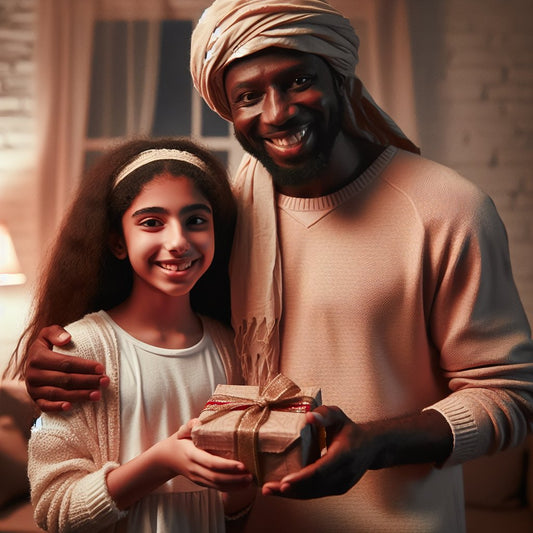 "Create an image of a daughter presenting a homemade gift to her dad, both looking happy and appreciative, with a background that conveys warmth and love. Ensure that the faces are clear and not distorted."