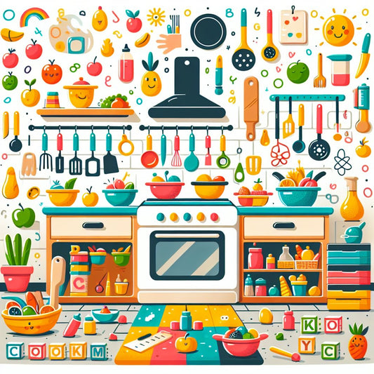 Image of a colorful and engaging kitchen scene with various cooking ingredients and utensils, showcasing a child-friendly cooking environment. Avoid any distorted faces in the image.