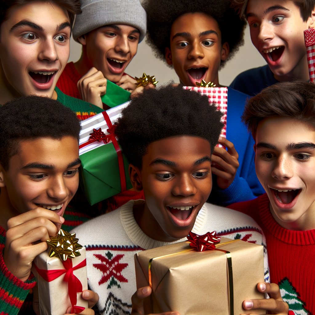 Image of a diverse group of teenage boys excitedly unwrapping Christmas gifts, ensuring their faces are not distorted.