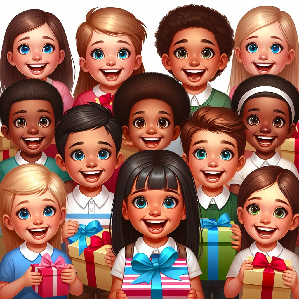 Create an image of a diverse group of happy children receiving gifts on their first day of school, with a surprise gift that stands out. Avoid any distorted facial features in the image.