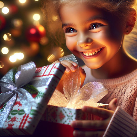 Image of a personalized Christmas gift being unwrapped by a child with a joyful expression, ensuring that the faces are clear and not distorted.