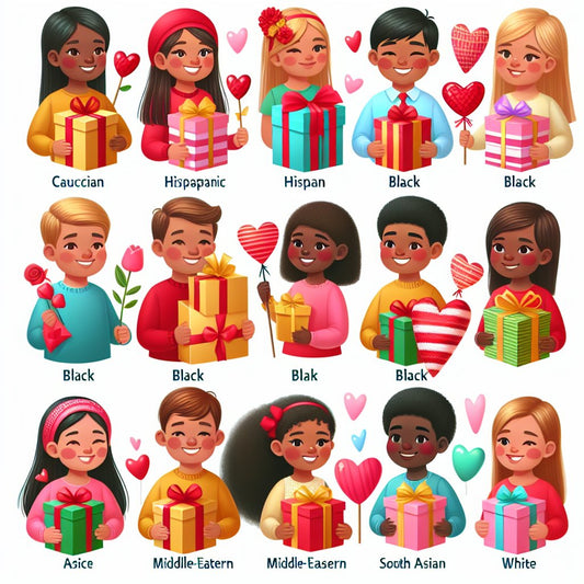 Image of a variety of Valentine's Day gifts for kids displayed in a creative and colorful way, ensuring that the faces of any people in the image are not distorted.