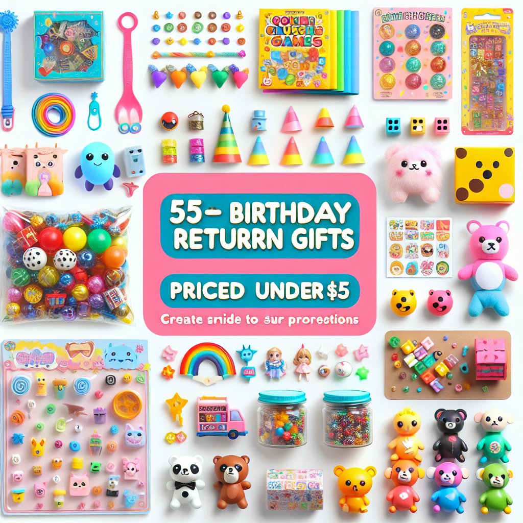 Image of various colorful and fun birthday return gifts under $5, ensuring that the faces in the image are not distorted.