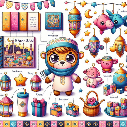 Image of diverse and colorful Ramadan-themed gifts for kids, ensuring that the faces are not distorted.