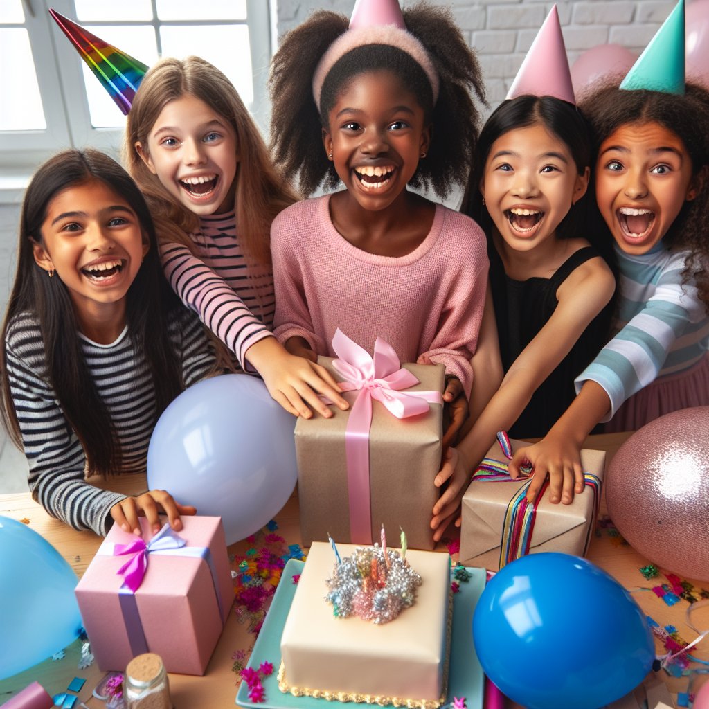 Create an image of a diverse group of 10-year-old girls happily opening birthday gifts, ensuring that their faces are not distorted.