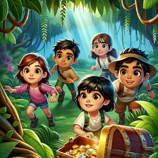 Image of a group of curious kids exploring a hidden treasure in a jungle, ensuring that their faces are clear and not distorted.