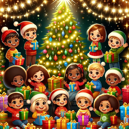 Image of a festive and colorful Christmas scene with various free gifts for kids, ensuring that the faces in the image are not distorted.