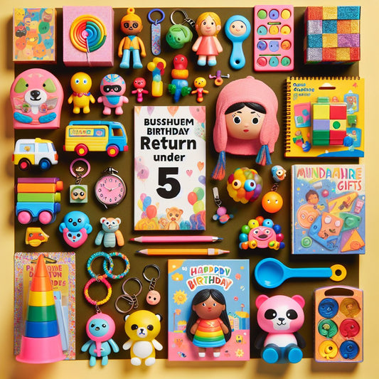 Image of various colorful and fun birthday return gifts under $5, ensuring that the faces in the image are not distorted.