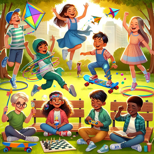 Image of a diverse group of children happily playing with outdoor toys and games, ensuring that their faces are not distorted.