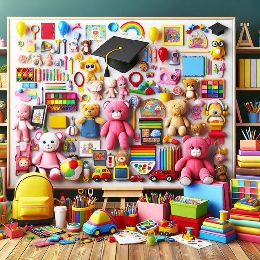 Image of various top preschool graduation gifts arranged in a colorful and playful display, ensuring that the faces of any people in the image are not distorted.