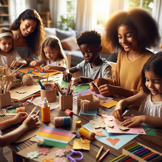 Image of children creating handmade gifts for Father's Day, ensuring that the faces are not distorted.