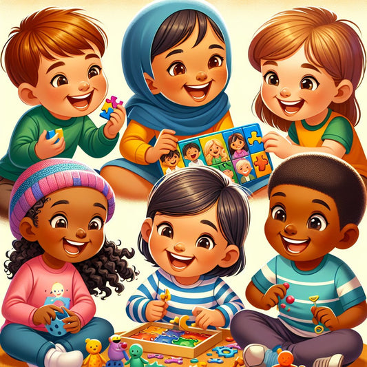 Image of a diverse group of children happily playing with a variety of sensory toys and educational games, with a focus on inclusivity and joy. Avoid any distorted facial features in the image.