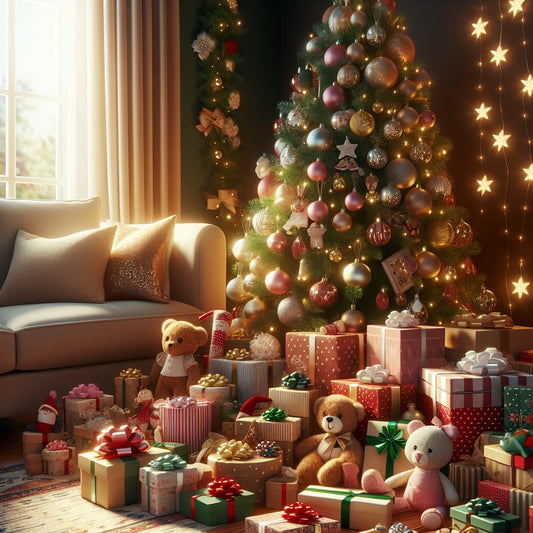 Create an image of a cozy living room scene with various personalized Christmas gifts for kids, such as toys and books, beautifully wrapped under a decorated Christmas tree. Ensure that all faces in the image are clear and not distorted.