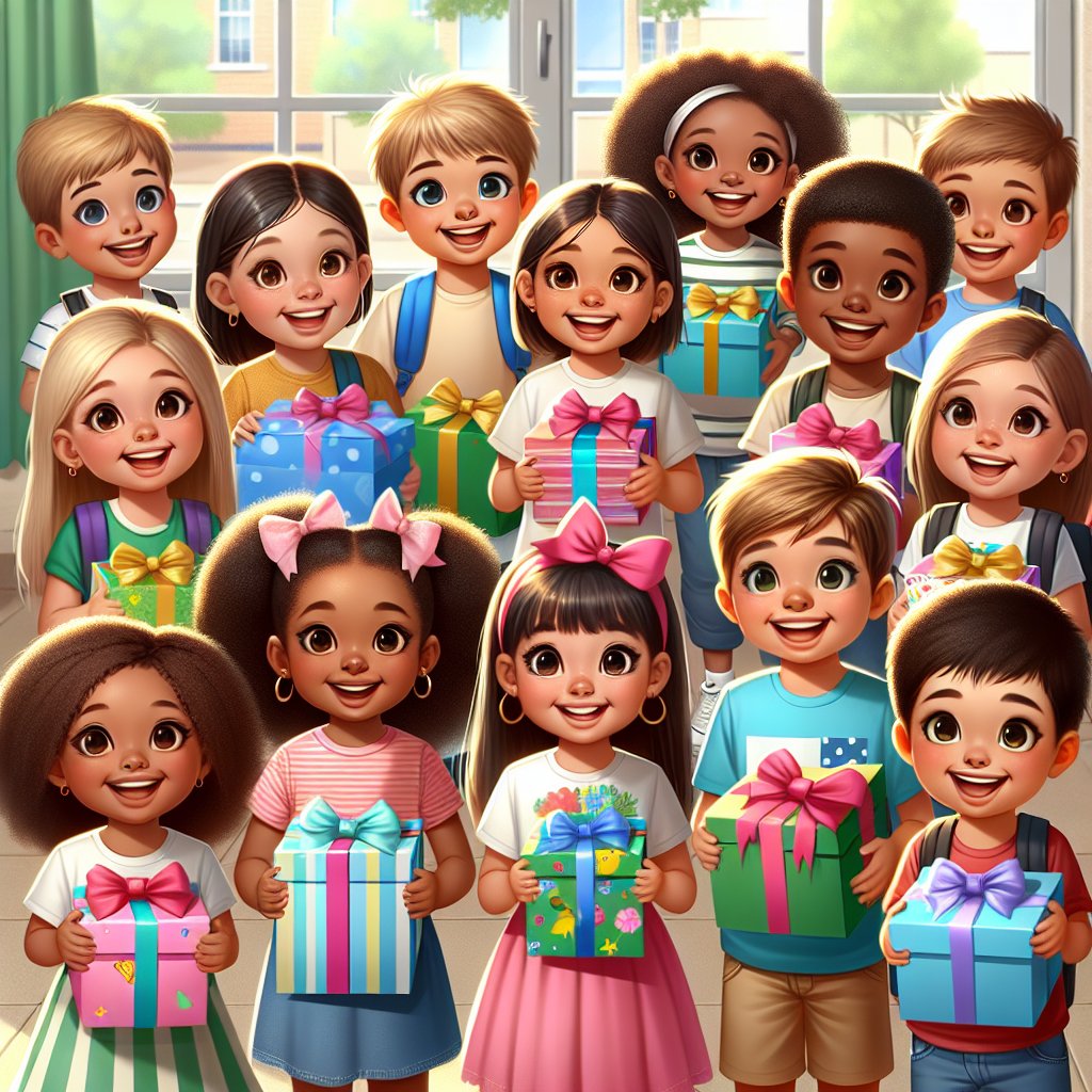 Create an image of a diverse group of happy children receiving gifts on their first day of school, ensuring that their faces are not distorted.