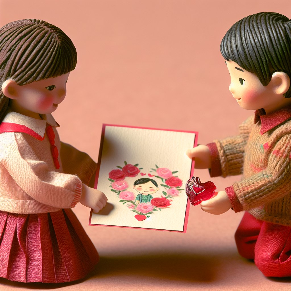 "Create a heartwarming scene of homemade Valentine's Day gifts being exchanged between kids, ensuring that the faces are not distorted."