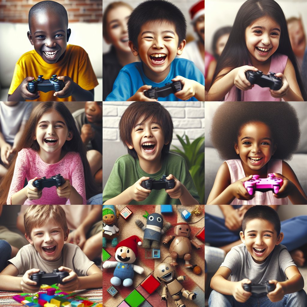 Image of a diverse group of children happily playing with various Roblox-themed toys and gifts, ensuring that the faces are clear and not distorted.