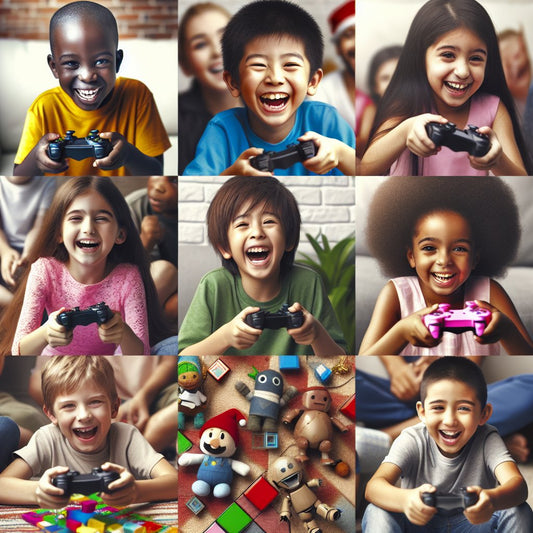 Image of a diverse group of children happily playing with various Roblox-themed toys and gifts, ensuring that the faces are clear and not distorted.