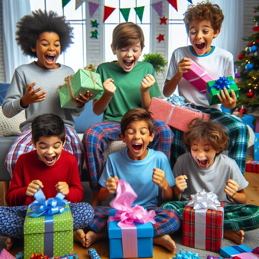 Image of a diverse group of 11-year-old boys excitedly opening various gifts, ensuring that their faces are not distorted.