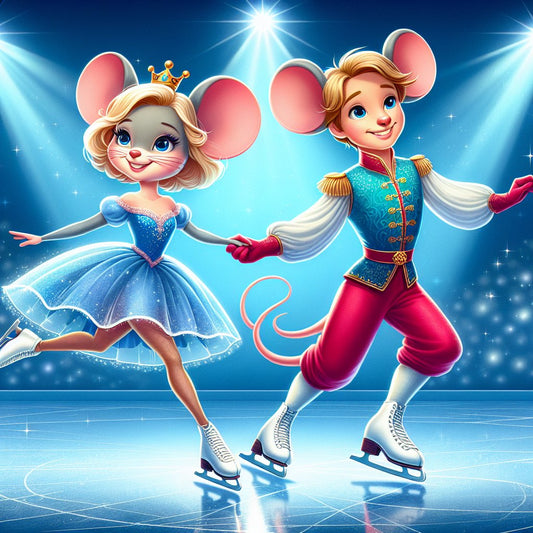 Image of a magical ice skating show with Disney characters gracefully gliding on the ice, ensuring that the faces are clear and not distorted.