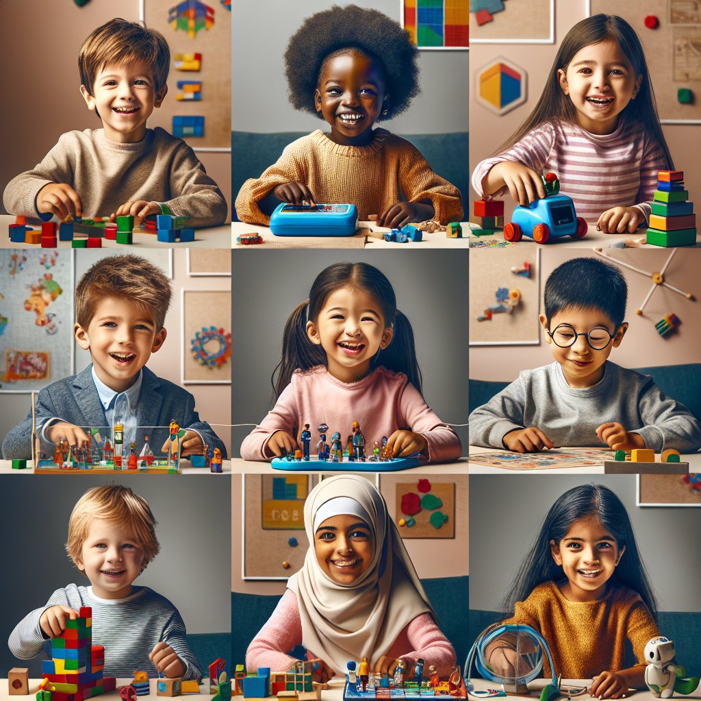 Image of a diverse group of children happily playing with educational toys, with a focus on inclusivity and creativity. Avoid any distorted faces in the image.