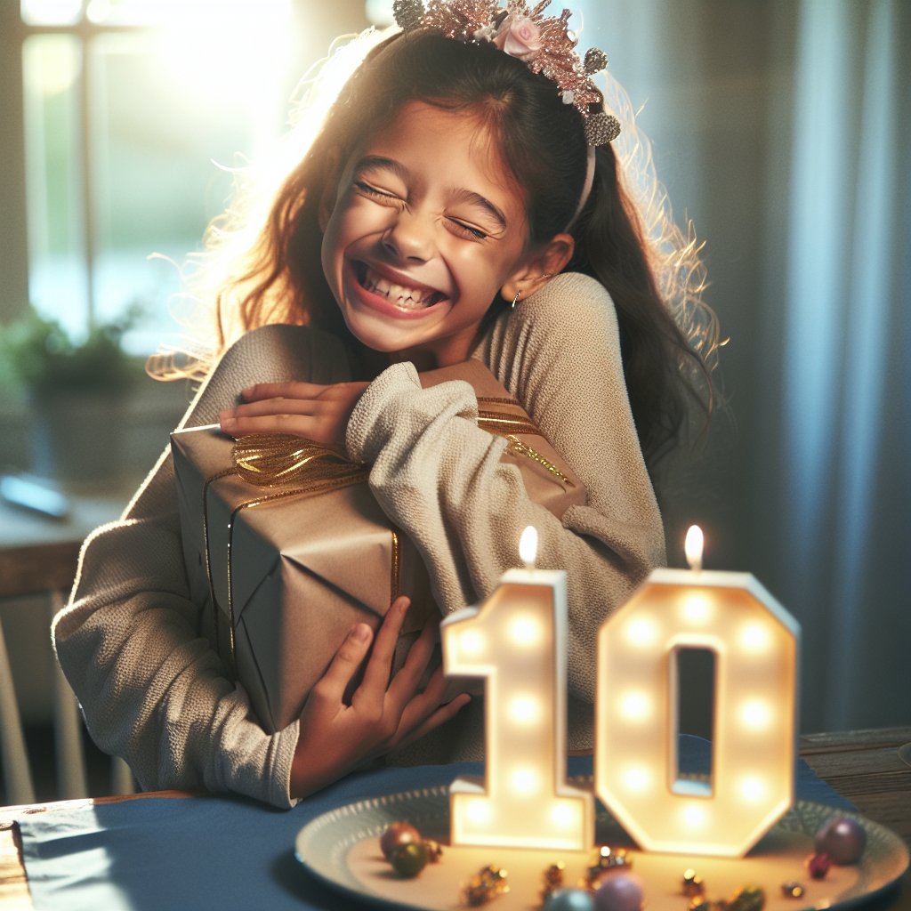Image of a girl celebrating her 10th birthday with a gift, ensuring that the faces are not distorted.