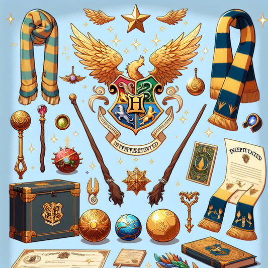 Image of a magical Harry Potter-themed gift display that includes various items like wands, Hogwarts acceptance letters, and golden snitches, ensuring that the faces of any characters are not distorted.