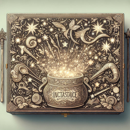 Create an image of a magical Harry Potter-themed gift box surrounded by sparkles and wands, ensuring that the faces of any characters are not distorted.