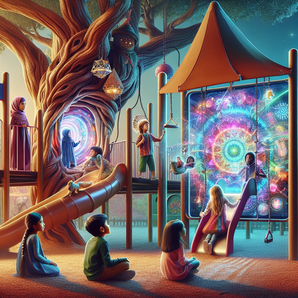 Image of a colorful and imaginative playground scene with various hidden wonders and interactive elements, ensuring that the faces of any people in the image are not distorted.