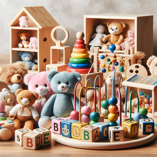 Image of a variety of colorful and engaging toys suitable for a 2-year-old girl, ensuring that the faces in the image are not distorted.