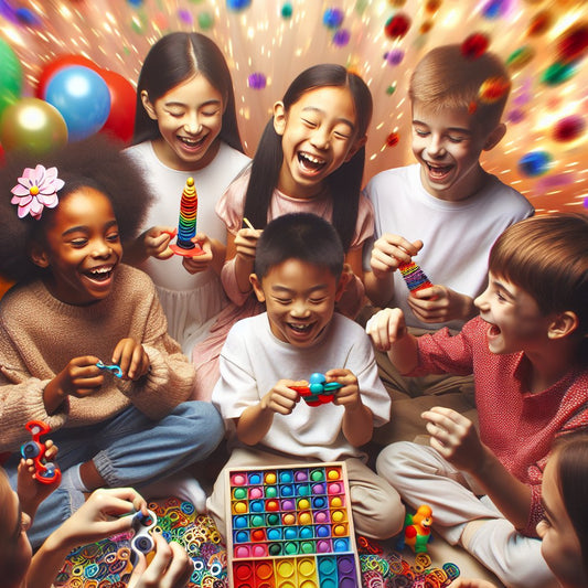 Create an image of a diverse group of children happily playing with a variety of toys, including educational toys, pop it fidget toys, and board games, in a vibrant and colorful setting. Avoid any distorted faces in the image.