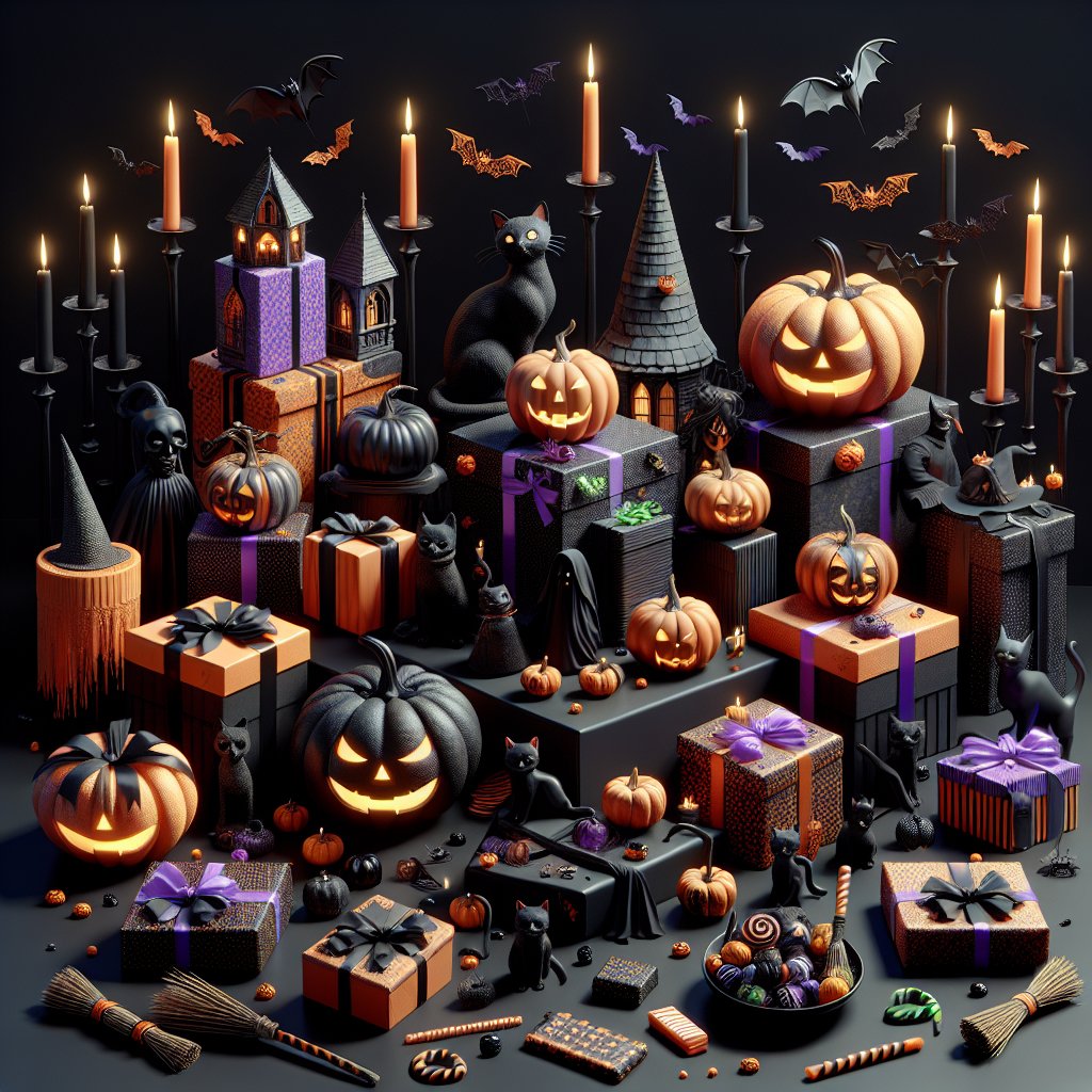 Image of a variety of Halloween-themed gifts displayed in a creative and eye-catching way, ensuring that the faces of any characters or individuals in the image are not distorted.