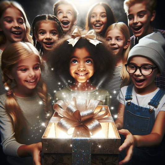 Image of a magical gift box surrounded by excited children of diverse backgrounds, without any distorted faces.