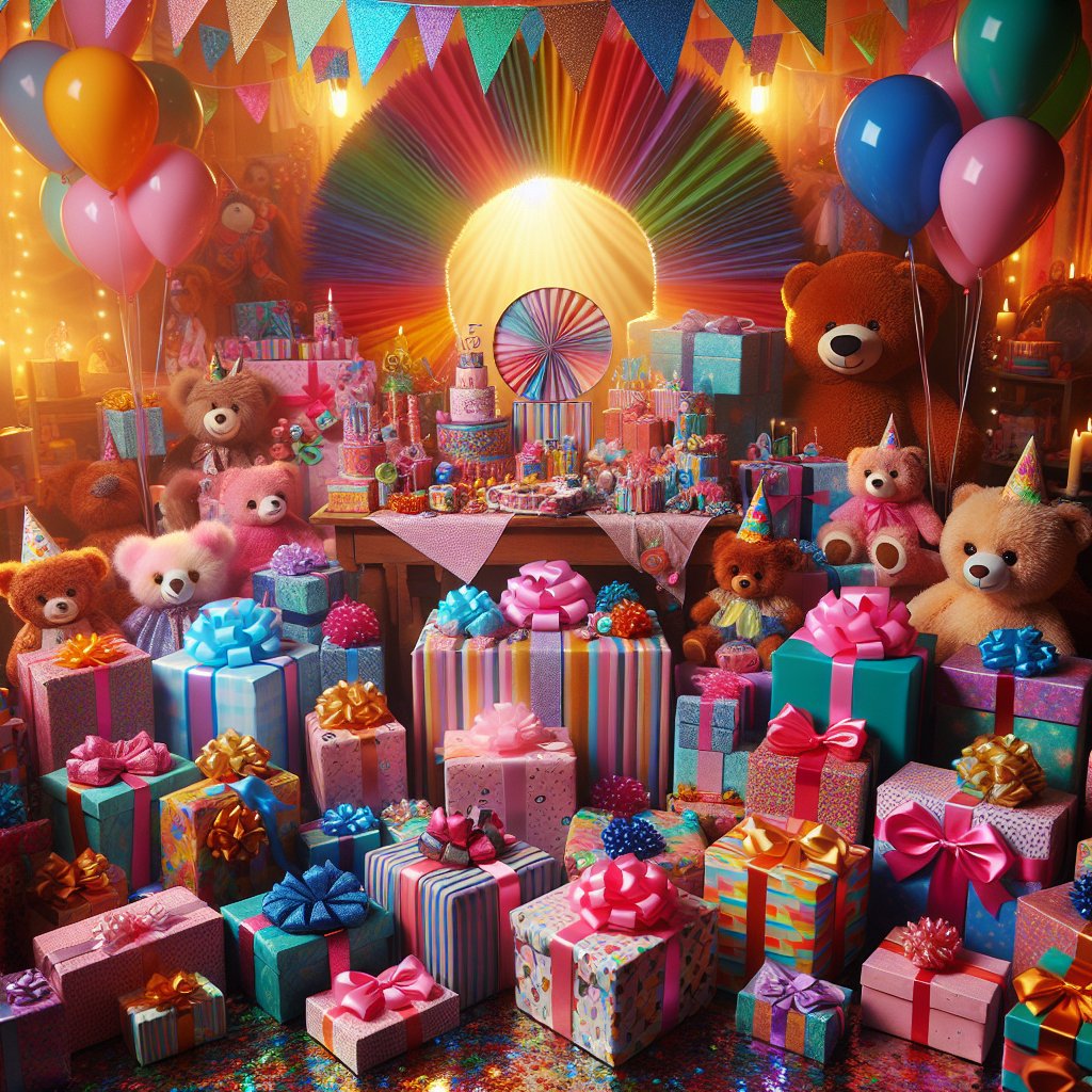 Image of a colorful and playful gift display for a 5-year-old girl, ensuring that the faces are not distorted.