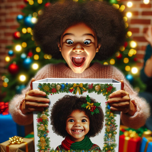 Image of a personalized Christmas gift being unwrapped by a child with a look of excitement and joy, ensuring that the faces are clear and not distorted.