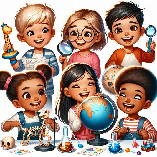 Image of a diverse group of children happily exploring various science-themed gifts, ensuring that the faces are not distorted.