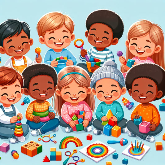 Image of a diverse group of happy children playing with a variety of sensory toys and educational games, with a focus on inclusivity and joy. Avoid any distorted facial features in the image.