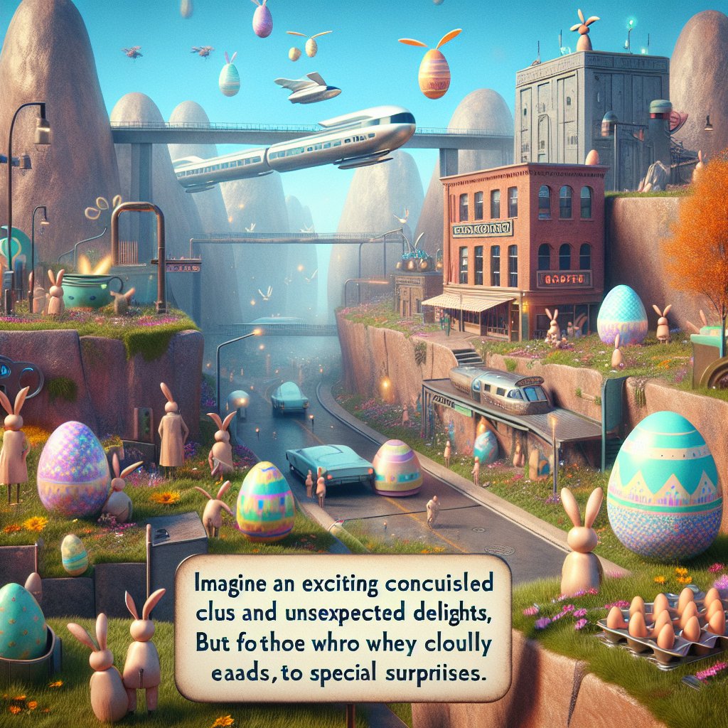 "Image of a whimsical Easter scene in the year 2025, featuring hidden clues and surprises, without any distorted faces."