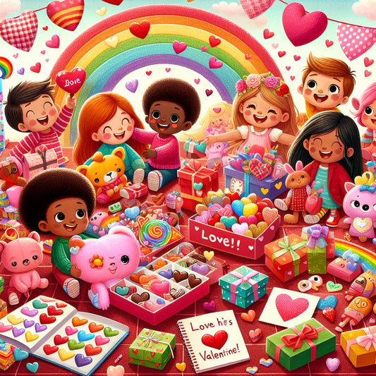 Image of various Valentine's Day gifts for kids in a playful and colorful setting, ensuring that the faces of any people in the image are not distorted.