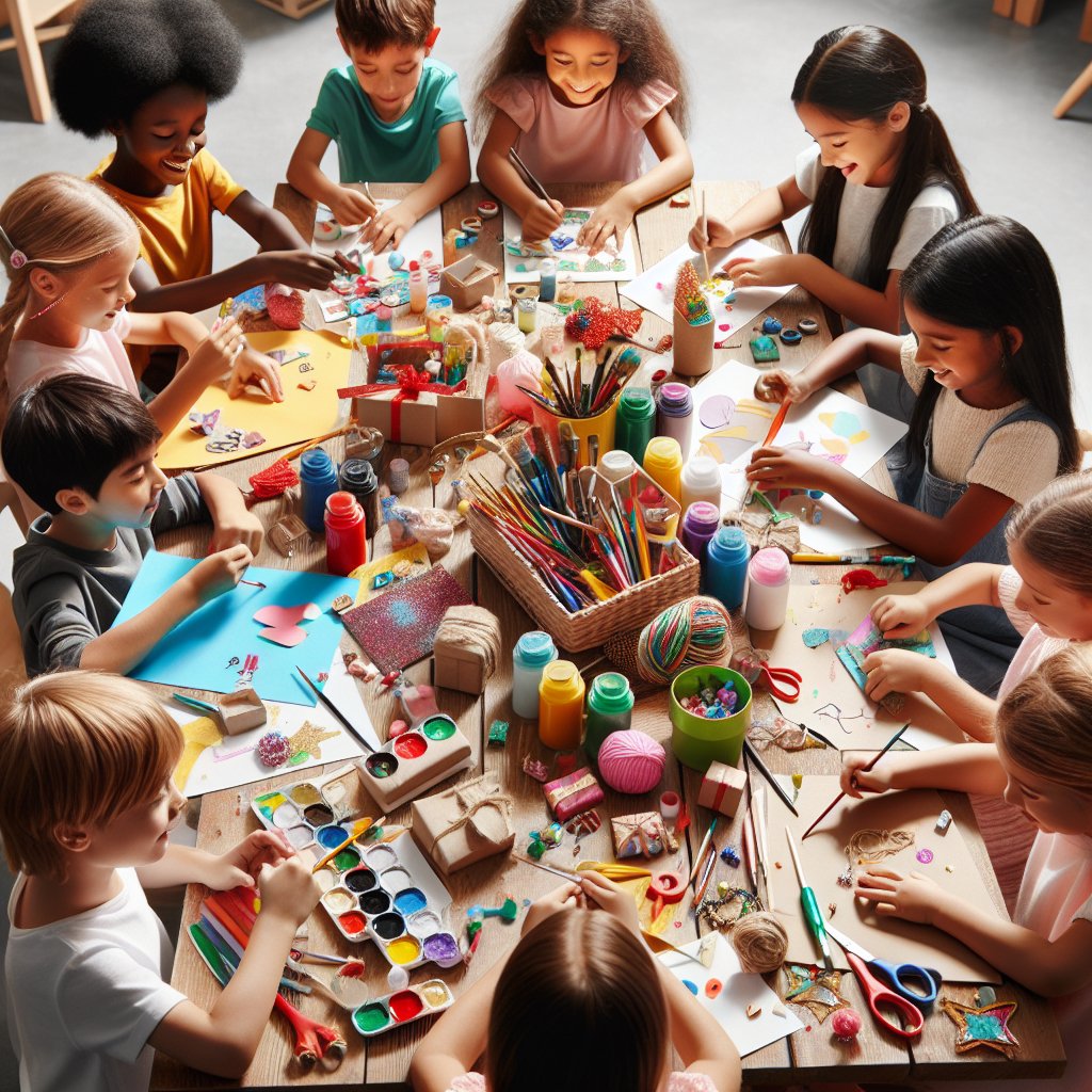 Image of children happily crafting handmade gifts for their parents, ensuring that the faces are not distorted.