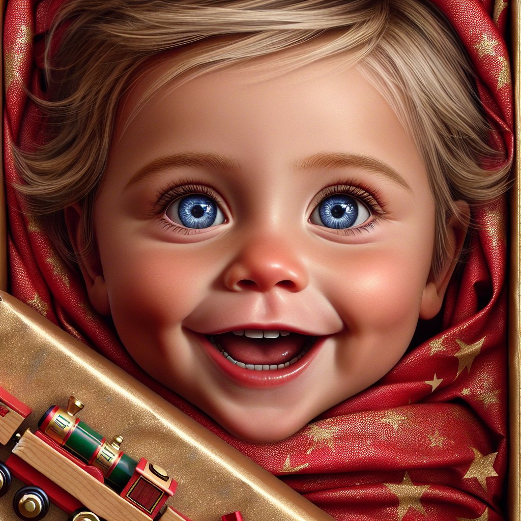 Image of a personalized Christmas gift being unwrapped by a child with a joyful expression, ensuring that the faces are not distorted.