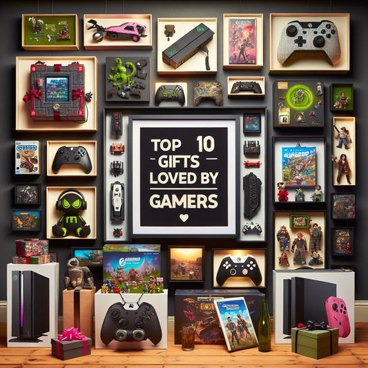 Image of various top 10 gamer gifts creatively displayed without any distorted faces.