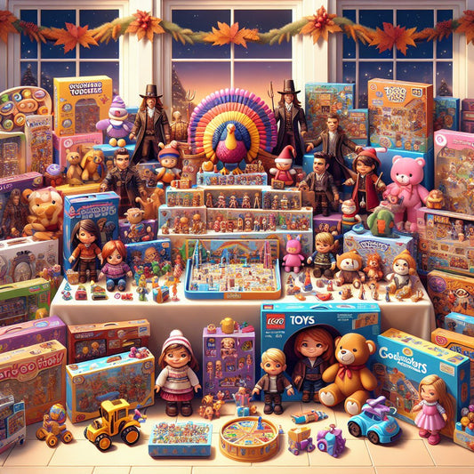 Image of a festive Thanksgiving-themed gift display with various toys and games suitable for kids, ensuring that all faces in the image are clear and not distorted.