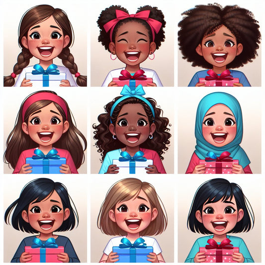 Image of a diverse group of happy 9-year-old girls unwrapping gifts with expressions of excitement and surprise, ensuring that the faces are not distorted.