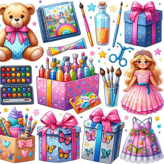 Image of a variety of colorful and engaging birthday gifts suitable for a 7-year-old girl, ensuring that the faces in the image are not distorted.