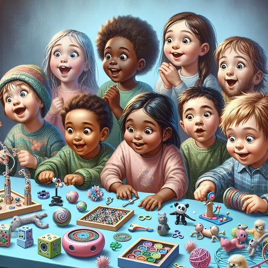 Image of a diverse group of children happily playing with a variety of sensory toys and fidget gadgets, with a magical and whimsical theme. Avoid any distorted facial features in the image.