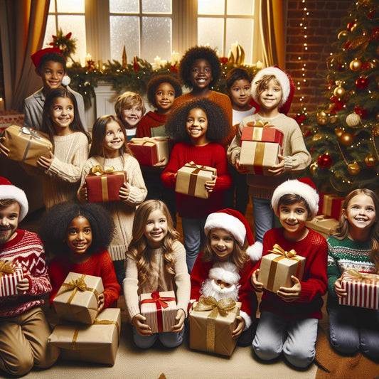 Image of a festive holiday scene with various free Christmas gifts for kids displayed in a cozy setting, ensuring that the faces of the children receiving the gifts are not distorted.