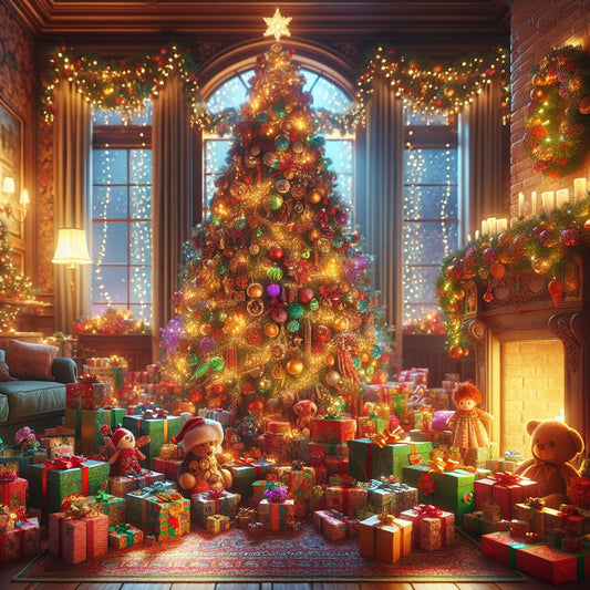 Image of a cozy living room scene with various personalized Christmas gifts for kids, such as toys and books, beautifully wrapped under a decorated Christmas tree. Ensure that the faces of any people in the image are not distorted.