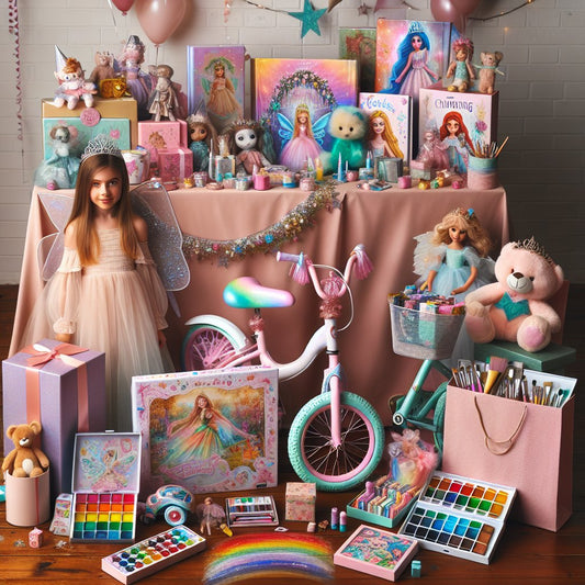 Image of a variety of colorful and engaging gifts suitable for a 10-year-old girl, ensuring that the faces in the image are not distorted.