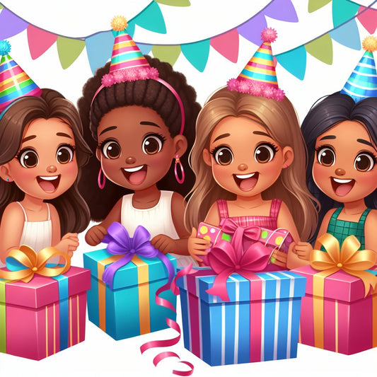 Image of a diverse group of happy young girls receiving birthday gifts, ensuring that their faces are not distorted.