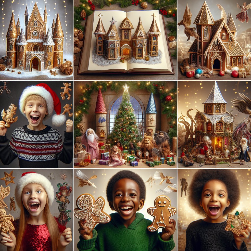 Image of a variety of unique and extravagant Christmas gifts surrounded by excited children, ensuring that the faces are not distorted.